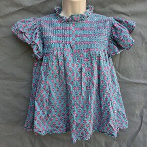 SOHANA Green Pink Ruffle Pleated Flutter Sleeve Shirt Size Small Teal Coastal